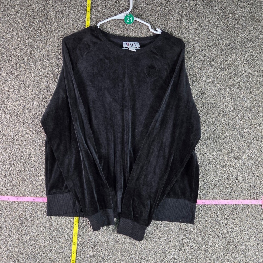 EV1 Sweatshirt Womens Large Black Velour Heart Raglan Long Sleeve Pullover